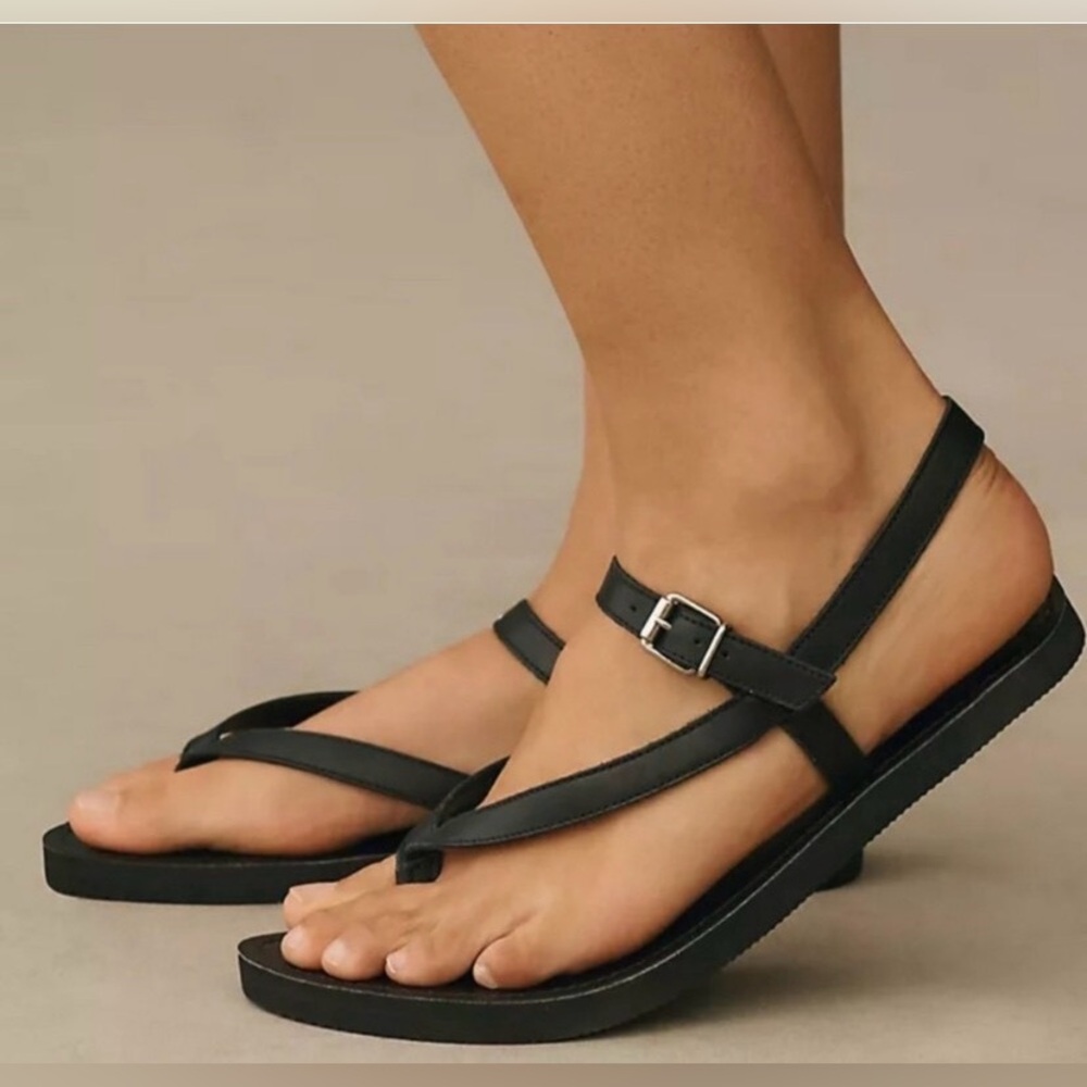 Pilcro Black Leather T-Strap Flat Sandals